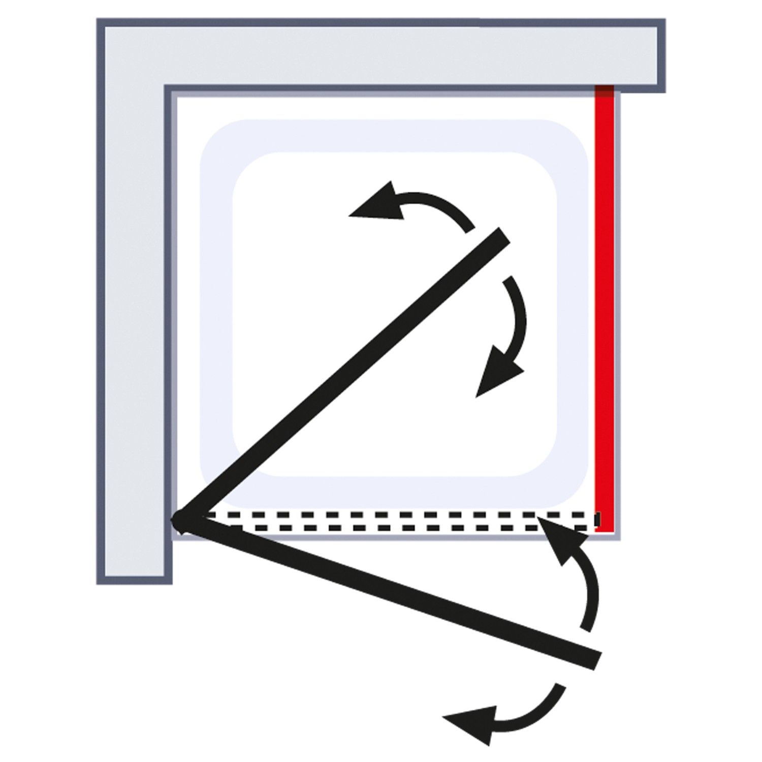 Skizze: Schulte Drehtür mit Seitenwand Toura, Türanschlag links, 90x90 cm, pendelbar.