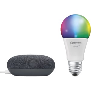 Ledvance Smart Home Set mit Google Nest Mini und farbiger LED Lampe.