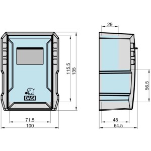 Basi Schlüsselsafe SSZ 300, technische Zeichnung. Vorder- und Seitenansicht mit Maßen des Aluminium-Tresors.