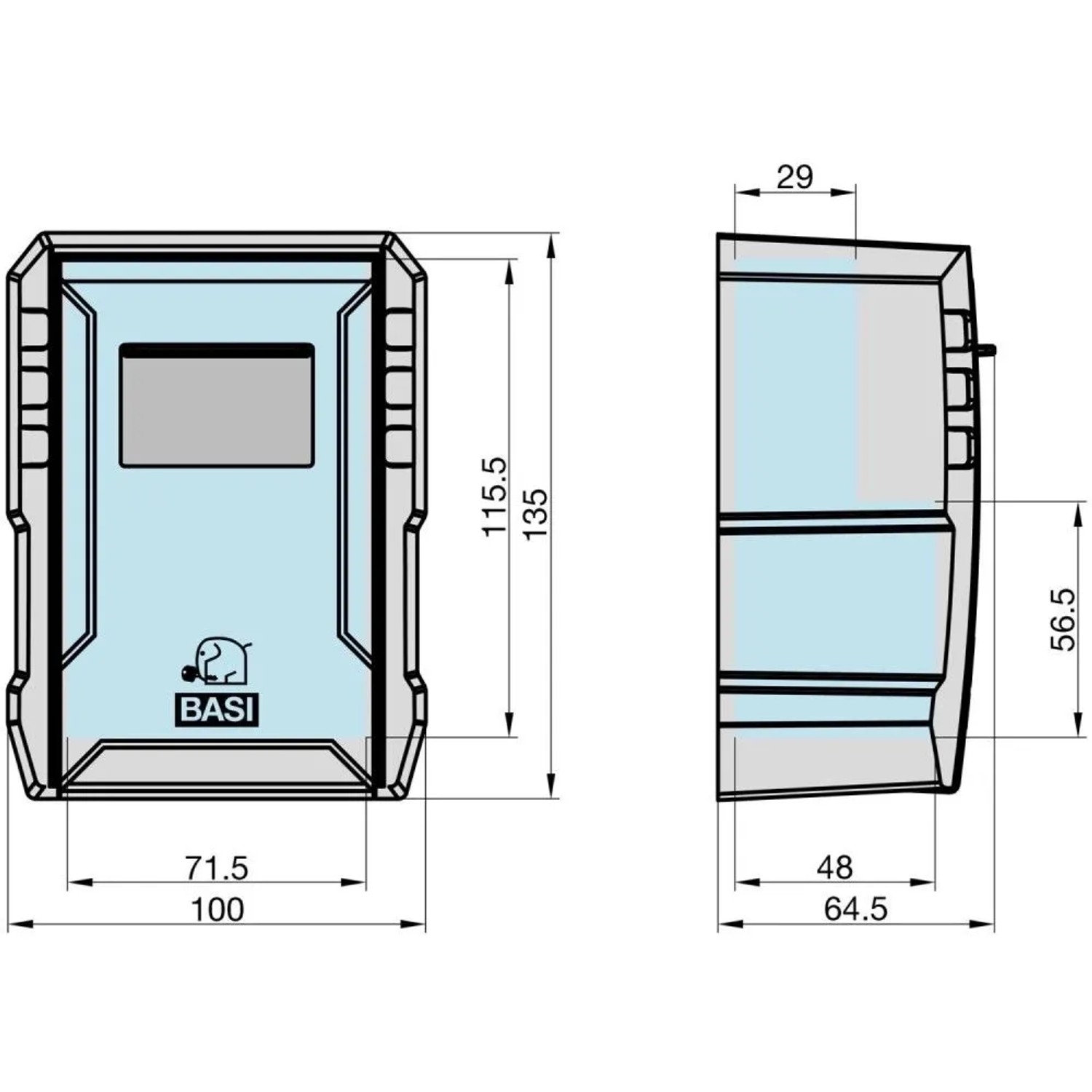 Basi Schlüsselsafe SSZ 300, technische Zeichnung. Vorder- und Seitenansicht mit Maßen des Aluminium-Tresors.