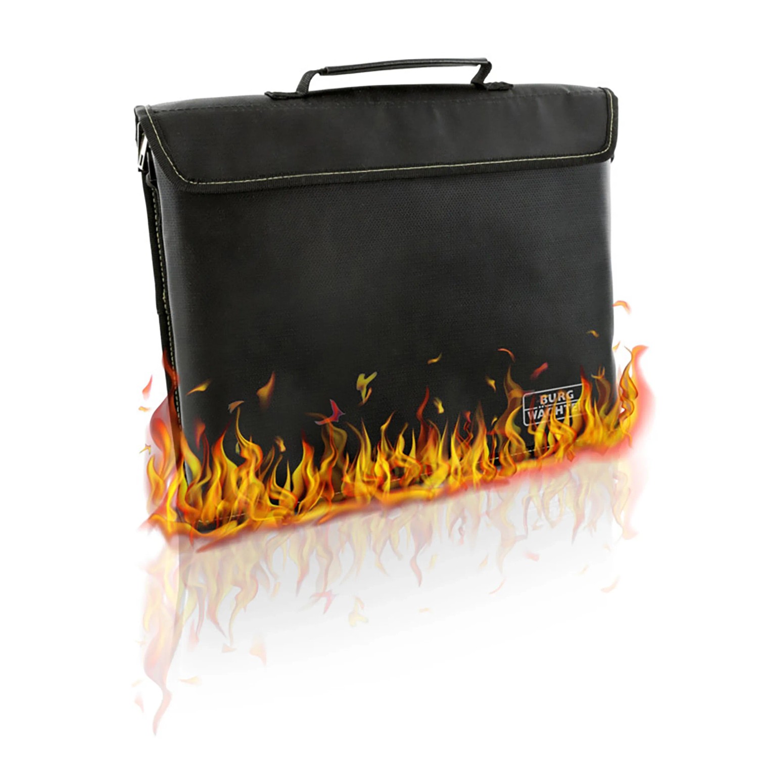 Schwarze Burg-Wächter Feuerschutztasche Fire-Bag FB 500 mit Tragegriff und Flammen-Effekt.