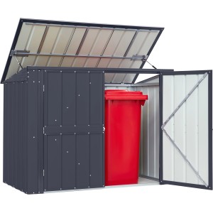 Globel Tonnen-Depot Easy 53 Anthrazit für 2 Mülltonnen (240 l), Gartenhaus-Zubehör mit geöffneten Türen und roter Tonne.
