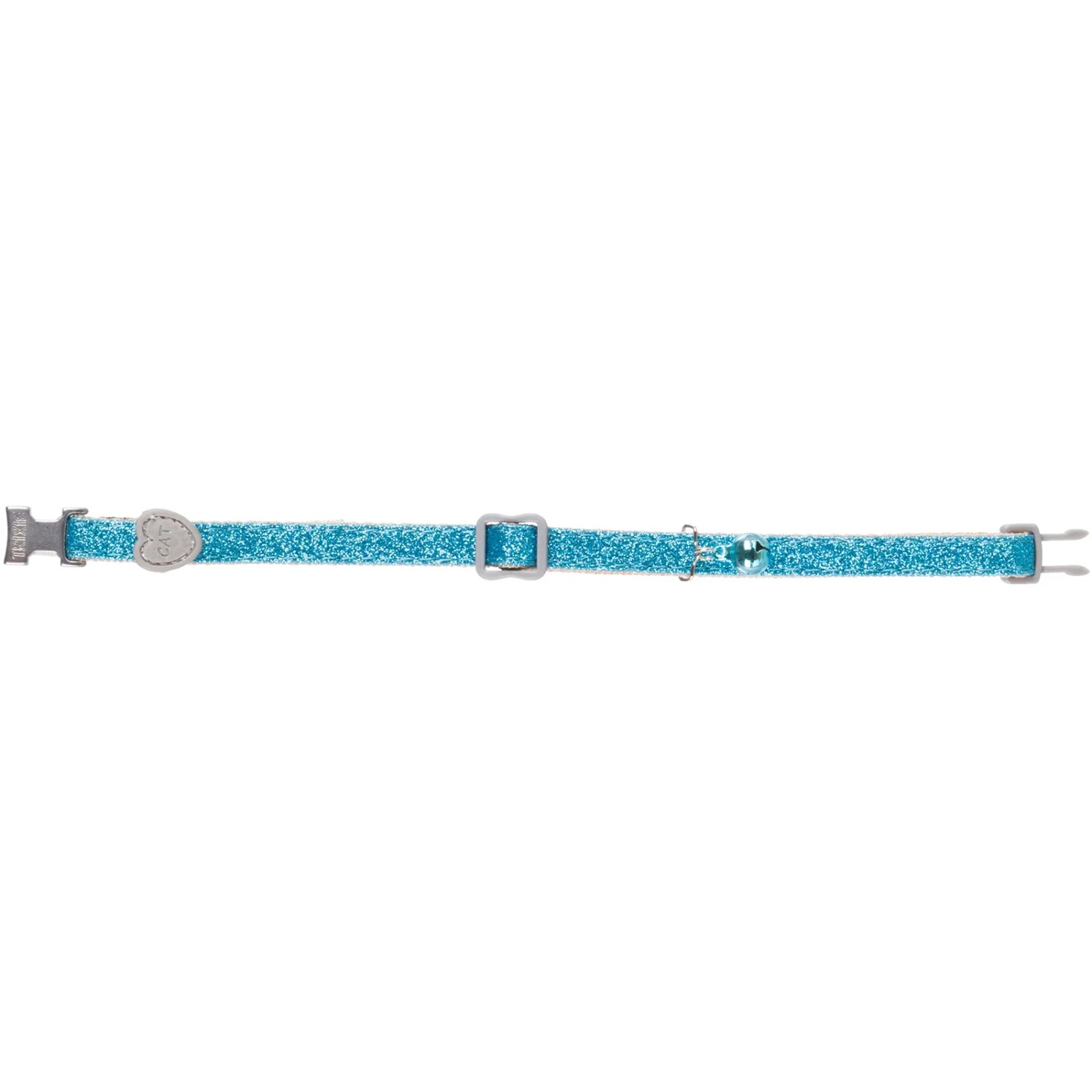 Türkis glitzerndes Trixie Katzenhalsband aus Nylon, stufenlos verstellbar mit Glöckchen.