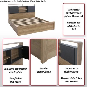 MCW King Size Bett P43 mit Lattenrost, Rivera-Eiche-Optik und Staufächern.