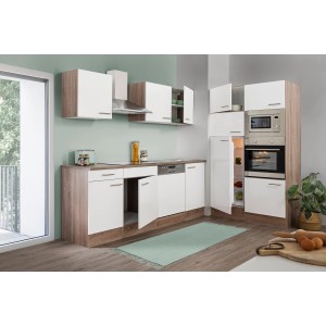 Respekta Küchenzeile 340 cm in Weiß Seidenglanz und Eiche York Nachbildung mit E-Geräten.