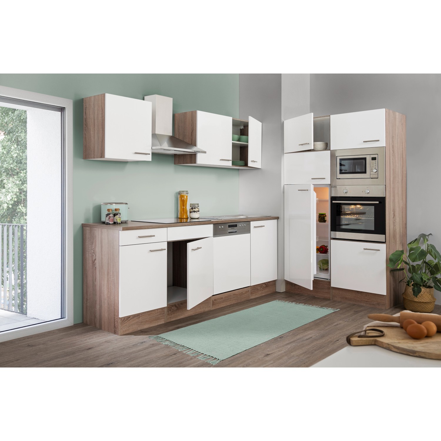 Respekta Küchenzeile 340 cm in Weiß Seidenglanz und Eiche York Nachbildung mit E-Geräten.