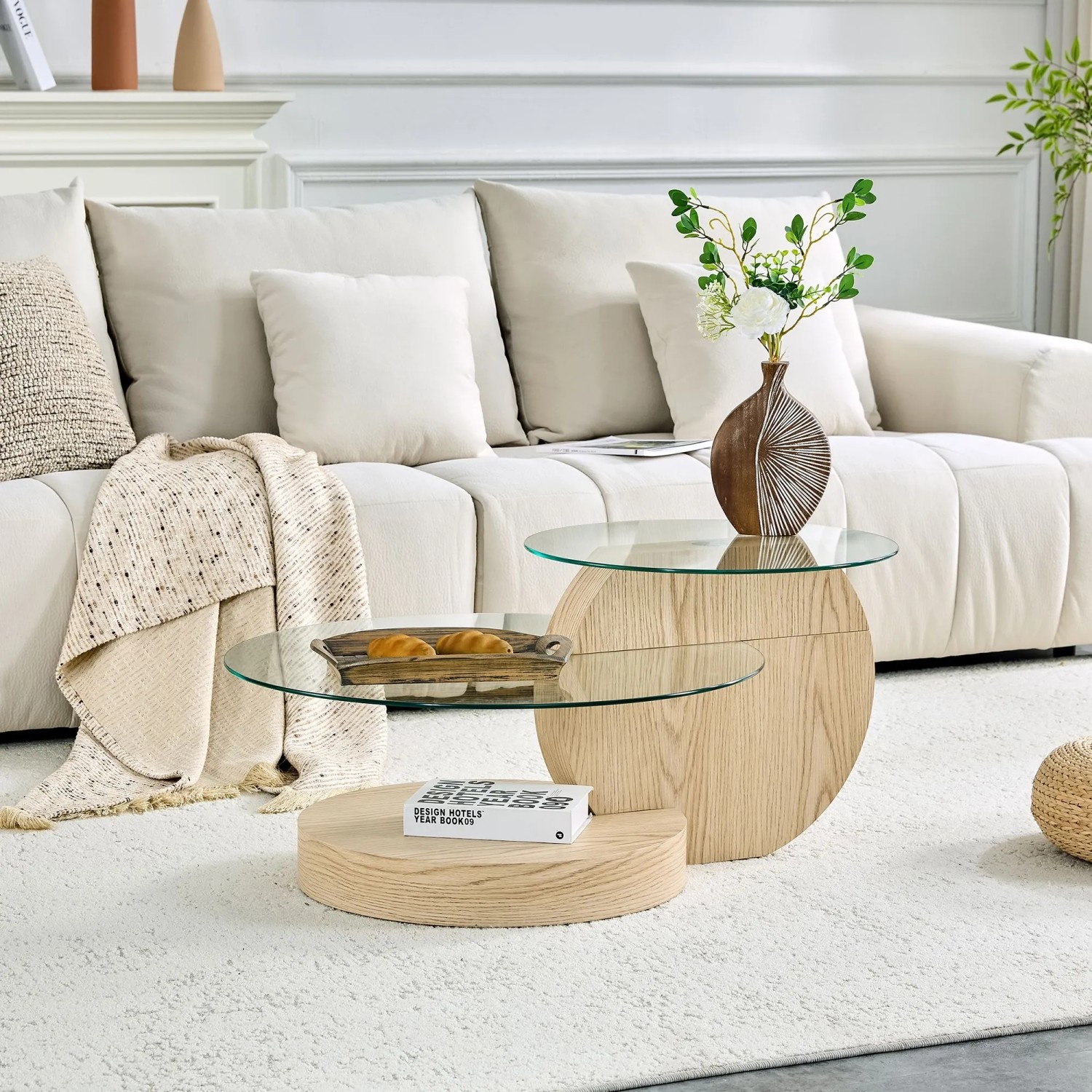 okwish Couchtisch mit Glas und Zwei Ebenen für Wohnzimmer 90x70x44 cm Natur_4