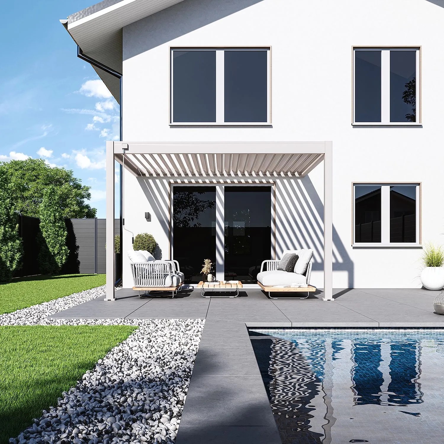 Weide Deluxe Wandpavillon 3x3,6m in Sand, Aluminium-Lamellendach über Terrasse am Haus.