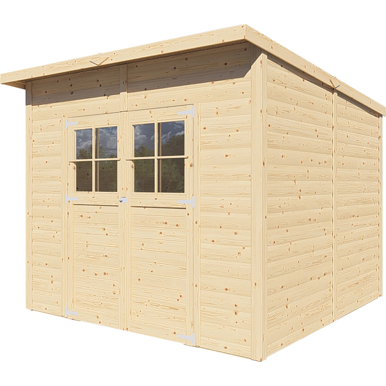 Bertilo Holz-Gartenhaus Alster, naturbelassen, mit Doppeltür und Lichtausschnitten.