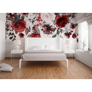 Fototapete mit Blumenmuster in Rot, Rosa, Lila und Weiß auf Steinwand-Optik im Schlafzimmer.