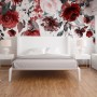 Fototapete mit Blumenmuster in Rot, Rosa, Lila und Weiß auf Steinwand-Optik im Schlafzimmer.