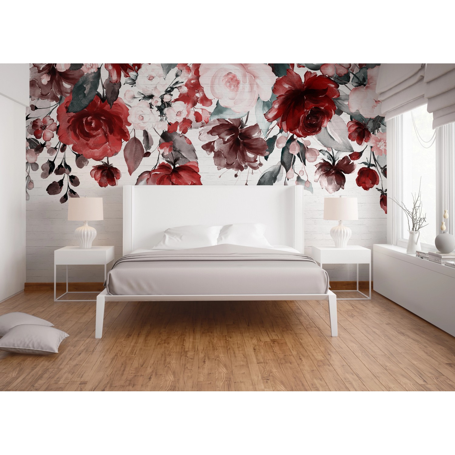Fototapete mit Blumenmuster in Rot, Rosa, Lila und Weiß auf Steinwand-Optik im Schlafzimmer.