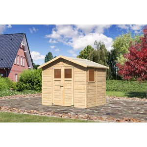 Karibu Holz-Gartenhaus, unbehandelt, 245x177 cm. Gartenhaus mit Doppeltür und Fenster.