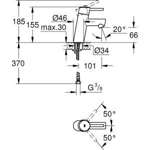 Technische Zeichnung Grohe Concetto Waschtischarmatur S-Size Chrom mit Maßen.