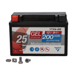 Cartec GEL Motorradbatterie YTX9-BS 9Ah 200A mit Zubehörschrauben.