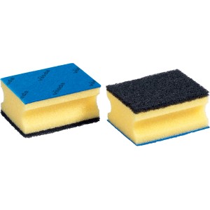 Vileda Glitzi Plus Topfreiniger 3er-Pack: Schwamm mit blauer Tuchseite und Scheuerschwamm mit antibakterieller Wirkung.