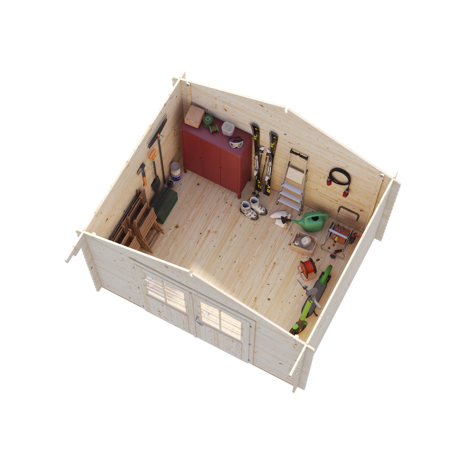 Innenansicht Palmako Gartenhaus Vivian, 300x240 cm, hellgrau-anthrazit, mit Werkzeugen und Geräten.