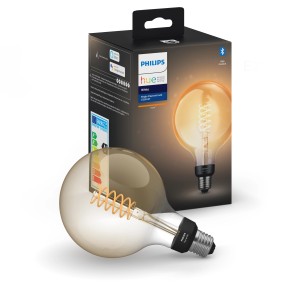 Philips Hue Filament Giant Globe E27 LED-Lampe mit Bluetooth und Verpackung.