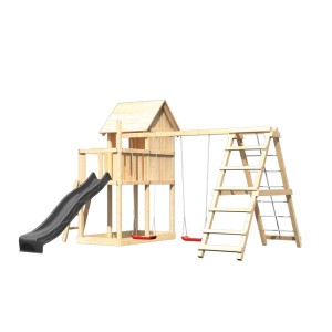 Karibu Spielhaus Frieda mit Rutsche Gerüst u. Schaukel Natur-Anthrazit