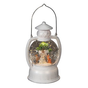 Weiße LED-Kugellaterne mit Engel, Rentier und warmweißem Licht für gemütliche Innen-Deko.