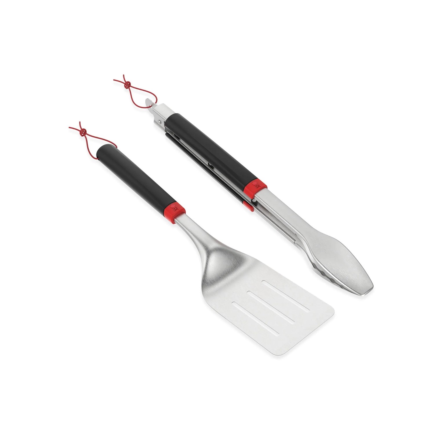 Weber Grillbesteck-Set, 2-teilig: Wender und Grillzange aus Edelstahl mit schwarzen Griffen.