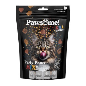 Pawsome Katzenleckerli Party Paws Mix, 150g Packung mit Katzenmotiv. Getreidefreie Katzensnacks.