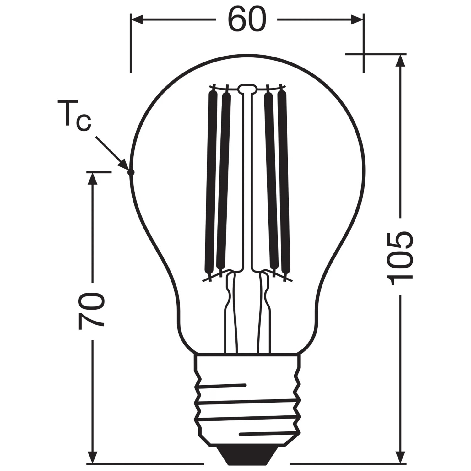 Technische Zeichnung Osram LED-Lampe E27, A60, 3.8W, 2700K, Maße: 10,5 cm x Ø 6 cm.