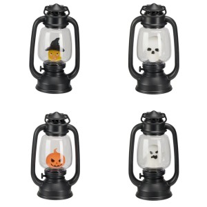 Vier schwarze Halloween-Laternen mit LED-Licht und Sound, zeigen Kürbis, Hexe, Totenkopf und Gespenst. Für Dekoration.