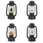 Vier schwarze Halloween-Laternen mit LED-Licht und Sound, zeigen Kürbis, Hexe, Totenkopf und Gespenst. Für Dekoration.