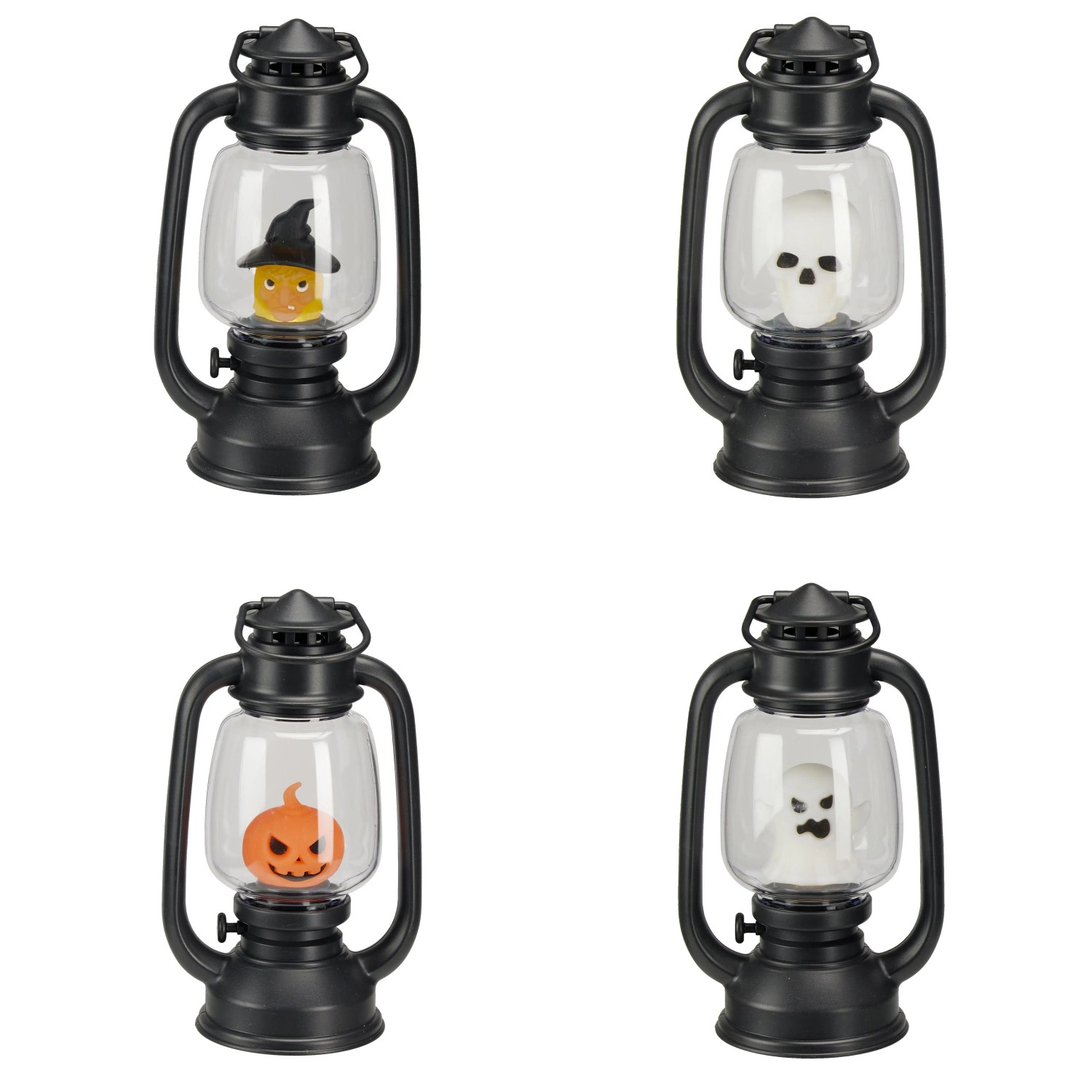 Vier schwarze Halloween-Laternen mit LED-Licht und Sound, zeigen Kürbis, Hexe, Totenkopf und Gespenst. Für Dekoration.