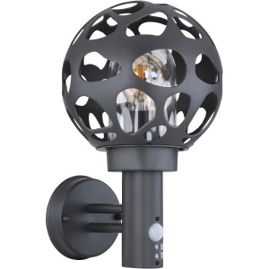 Anthrazitfarbene Globo Außenleuchte Hilario mit Sensor und klarem Kunststoff-Schirm.