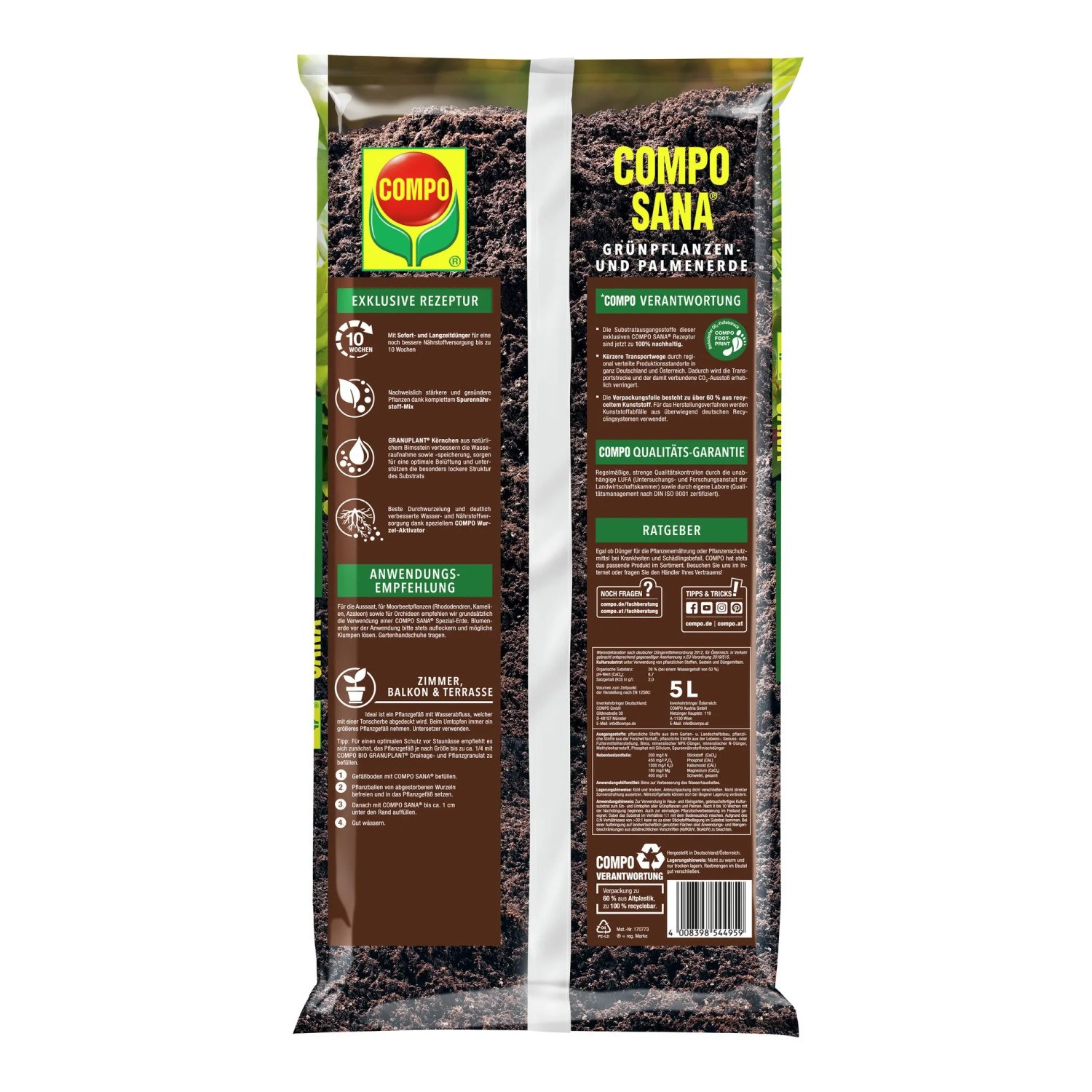 Compo Sana Grünpflanzen- und Palmenerde, 5L Sack, torffreie Spezialerde für Zimmer-, Balkon- und Terrassenpflanzen.