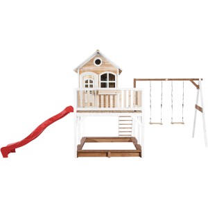 Axi Liam Spielhaus mit Doppelschaukel, braun-weiß mit roter Rutsche. Spielturm mit Schaukel und Sandkasten.
