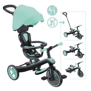 Mintgrünes Globber Explorer Trike 4in1 Kinderfahrzeug als Kinderwagen. Zeigt auch Dreirad- und Laufrad-Modi. Höhenverstellbarer Sitz.