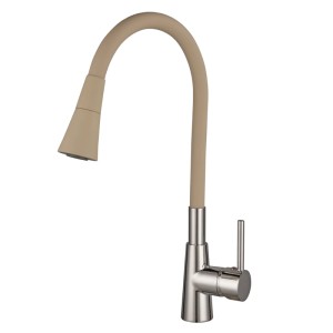 Inter Ceramic Küchenarmatur Havanna Einhebelmischer mit beigem, flexiblem Auslauf und Chrom-Basis.