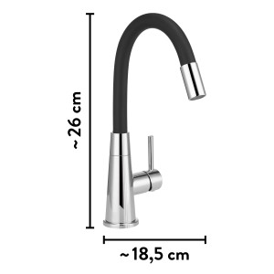 baliv Waschtischarmatur WT-690, verchromt mit flexiblem, schwarzem Silikonauslauf und Maßangaben.