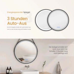 Runder Emke Badspiegel 70 cm, schwarz, LED-Beleuchtung, Antibeschlag, 3 Farbtemperaturen, dimmbar, Auto-Aus.