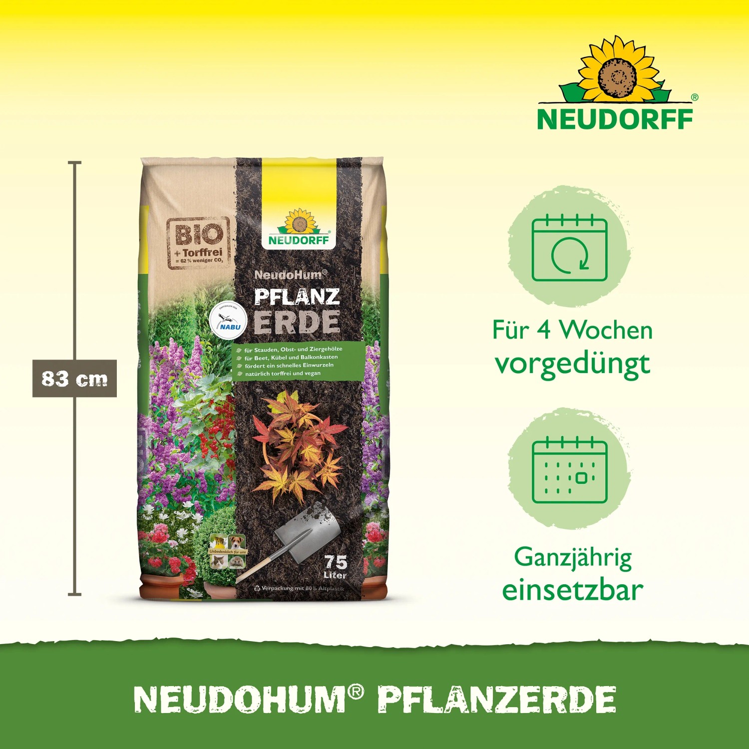 Sack Neudorff NeudoHum Pflanzerde, torffrei, 75 Liter. Fördert Anwachsen und Wurzelbildung.