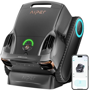 Dunkelgrauer Aiper Scuba X1 Poolroboter mit grüner Anzeige, App-Steuerung und Raupenantrieb. Kabelloser Poolreiniger.