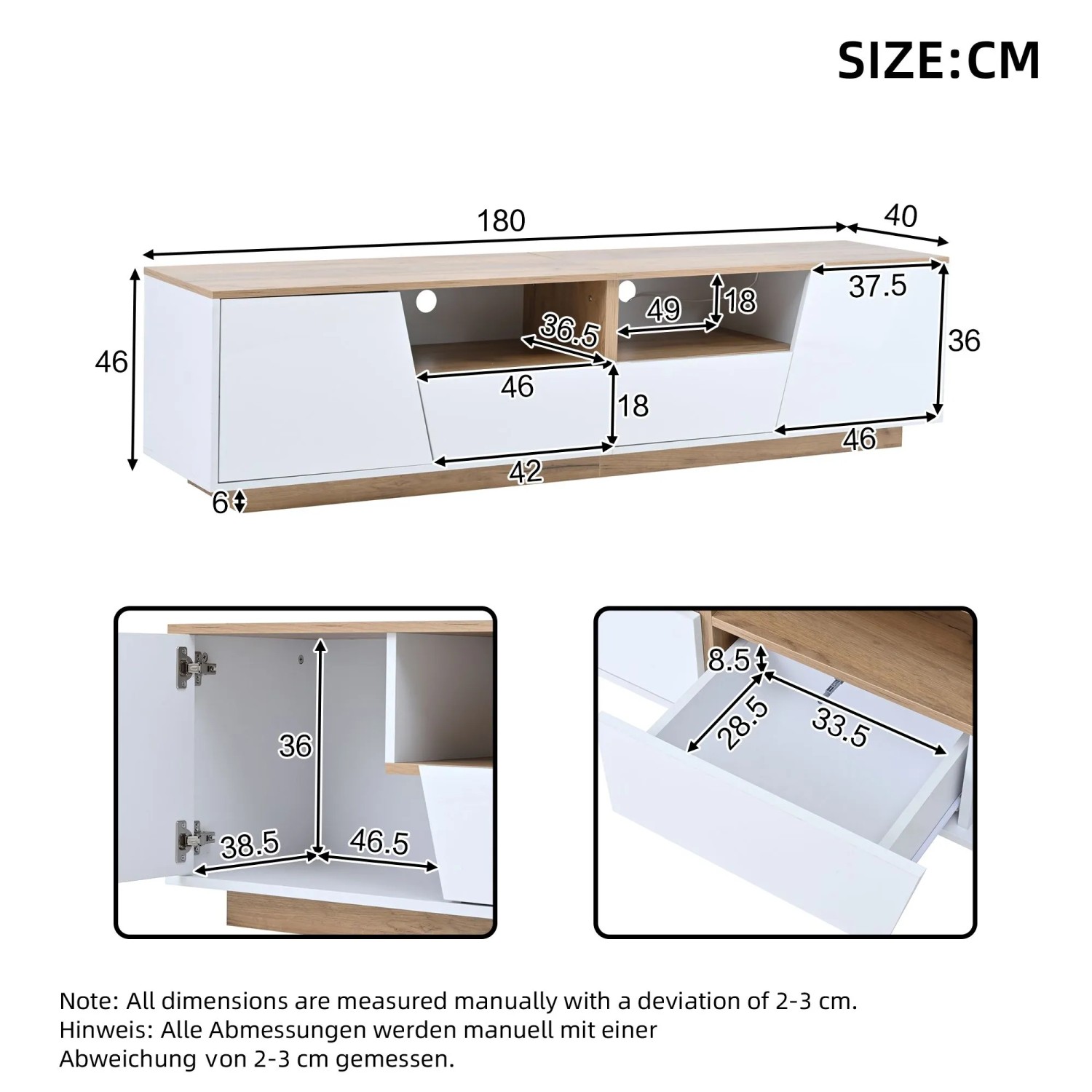 okwish TV Schrank mit LED Schubladen Hochglanz Lowboard Wohnzimmer 180x40x46cm Weiß_5