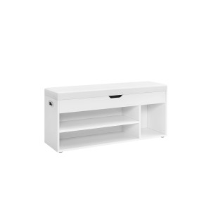 Weiße Vasagle Schuhbank mit Sitzfläche, Staufach und Schuhregalen. Maße: 30x100x44 cm.