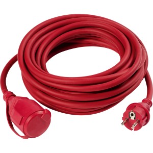 Rotes Verlängerungskabel (10 m) mit Schutzkontaktstecker und Kupplung für den Außenbereich.