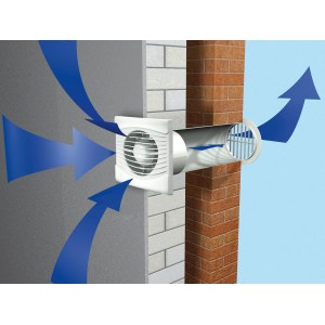 Weißer Badventilator Ø 100 mm mit Nachlaufzeit, montiert an Wand mit Luftstrom-Illustration.