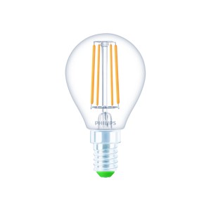 Klares Philips E14 LED-Leuchtmittel in Tropfenform, 2,3W, 485lm, 8x4,5cm.