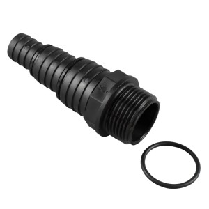 Schwarze Stufen-Schlauchtülle 26,4 mm mit Schlauchtülle 25/19/13 mm und Dichtungsring für Regentonnen.