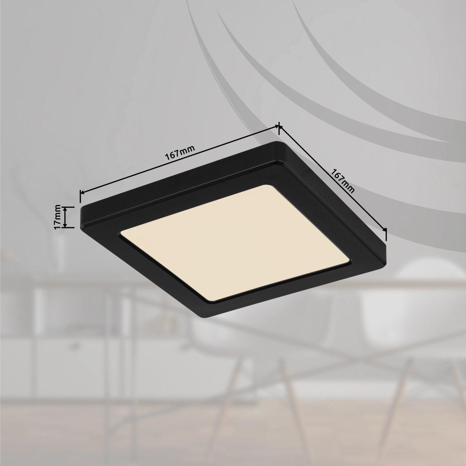 Quadratische LED-Deckenleuchte Lasse, schwarz, 167x167x17 mm, mit einstellbaren Weißtönen.