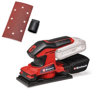 Einhell Akku-Schwingschleifer TC-OS 18/187 Li Solo mit Schleifpapier und Staubabsaugung.