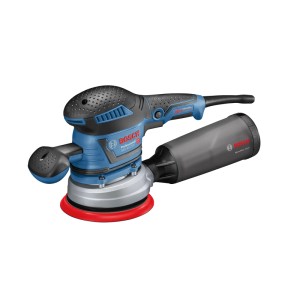 Blauer Bosch Professional Exzenterschleifer GEX 40-150 mit rotem Schleifteller und Staubfangbox.
