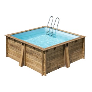 Quadratischer Gre Echtholzpool Carra 3 mit Leiter und blauem Wasser, 305x305x119 cm.