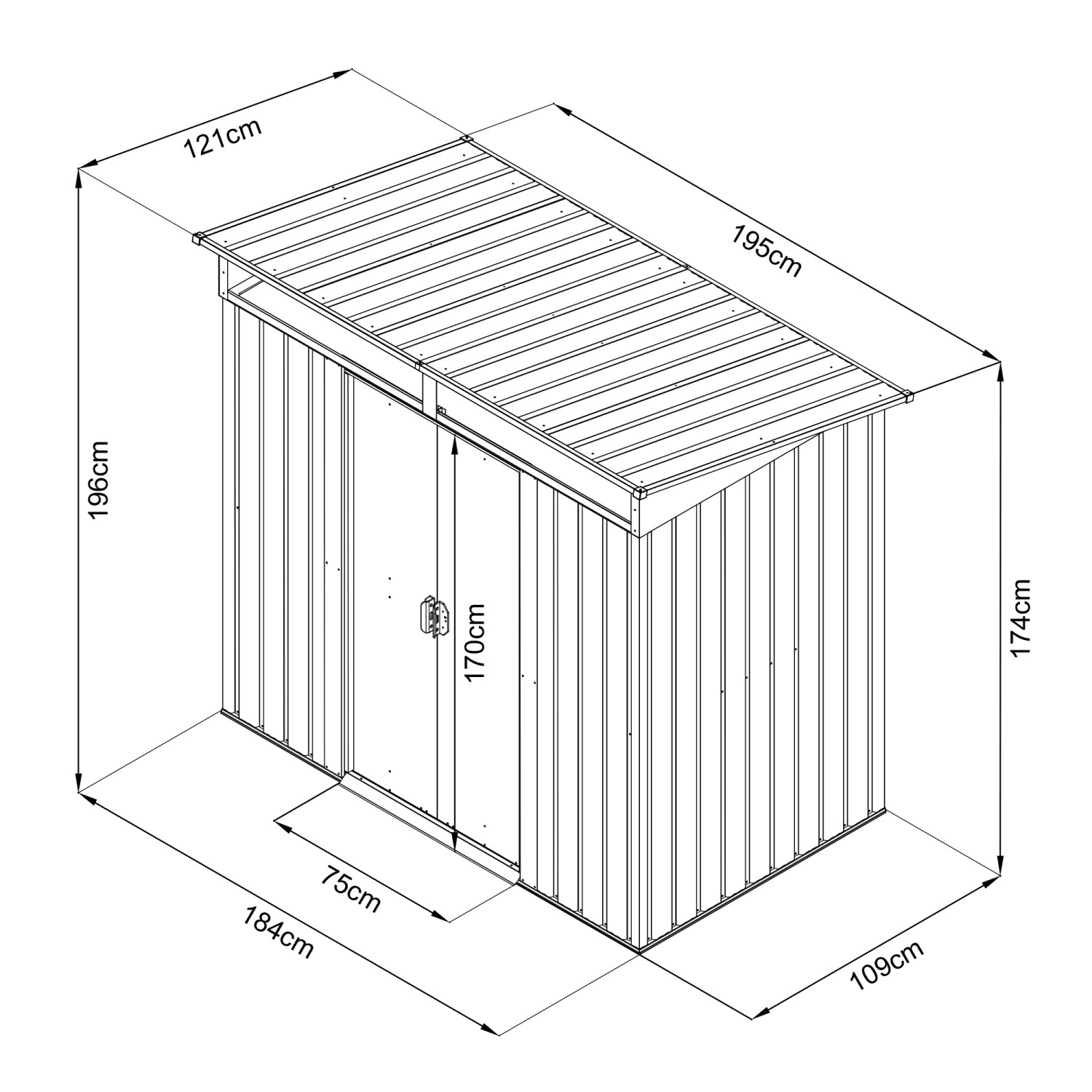 Skizze Floraworld Metall-Gerätehaus Anthrazit 2m² mit Maßen. Gerätehaus für Garten.